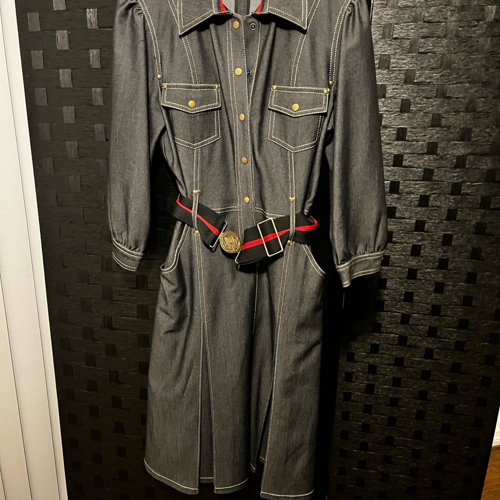Cache Vintage-Inspired Dark Denim Shirt Dress with Red-Trim Belt